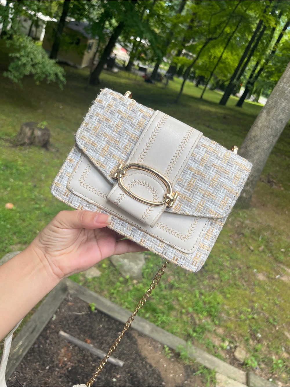 Elegant Cream Tweed Crossbody Bag with Gold Hardware